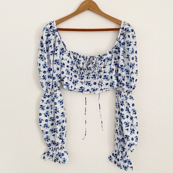 Blue Floral Print Puff Sleeve Top, New - Picture 6 of 9